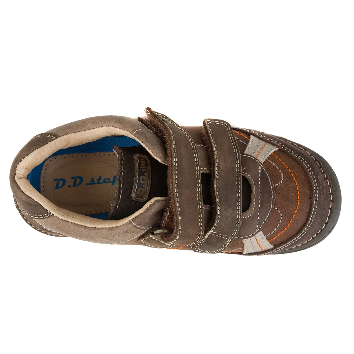D.D. Step big kid boy shoes brown with orange and beige stripe decor size US 13-4