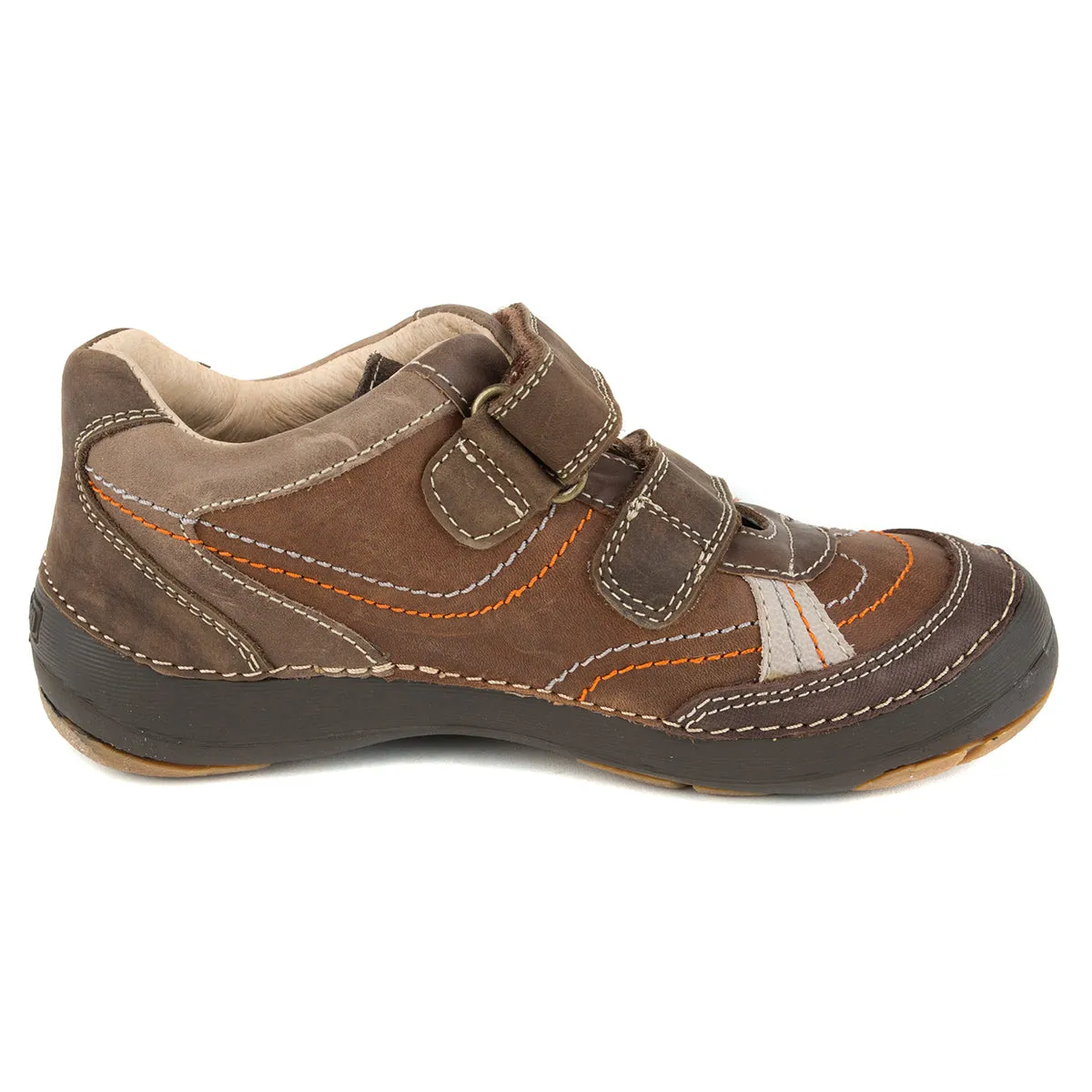 D.D. Step big kid boy shoes brown with orange and beige stripe decor size US 13-4
