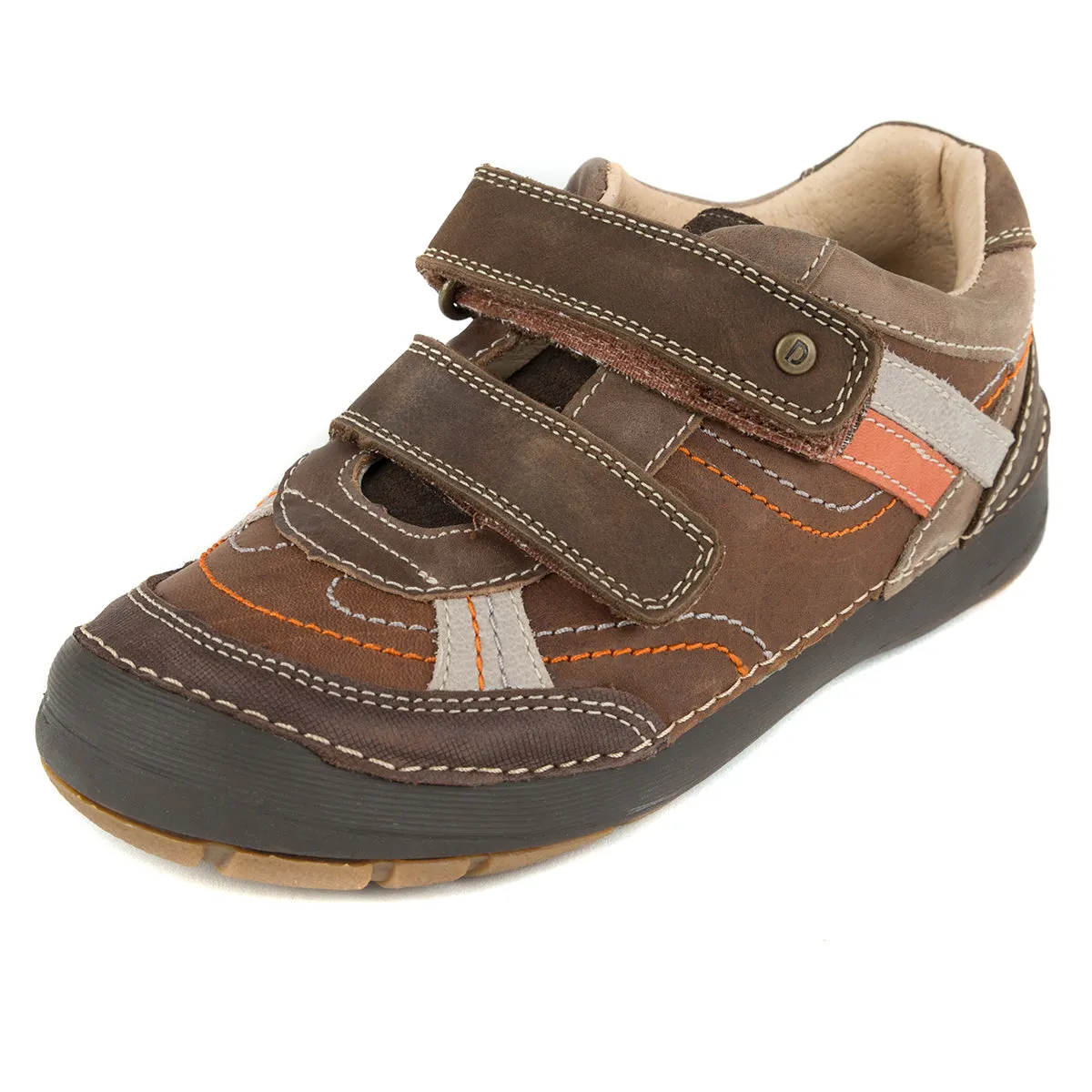 D.D. Step big kid boy shoes brown with orange and beige stripe decor size US 13-4
