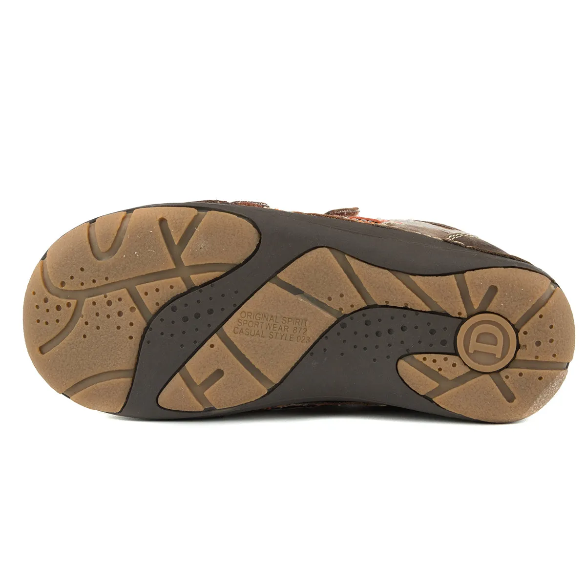 D.D. Step big kid boy shoes brown with orange and beige stripe decor size US 13-4