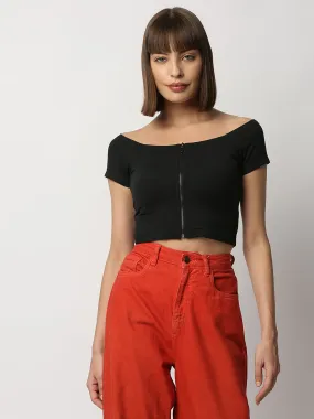 Disrupt Women Black Off-shoulder Slim Fit Crop Top