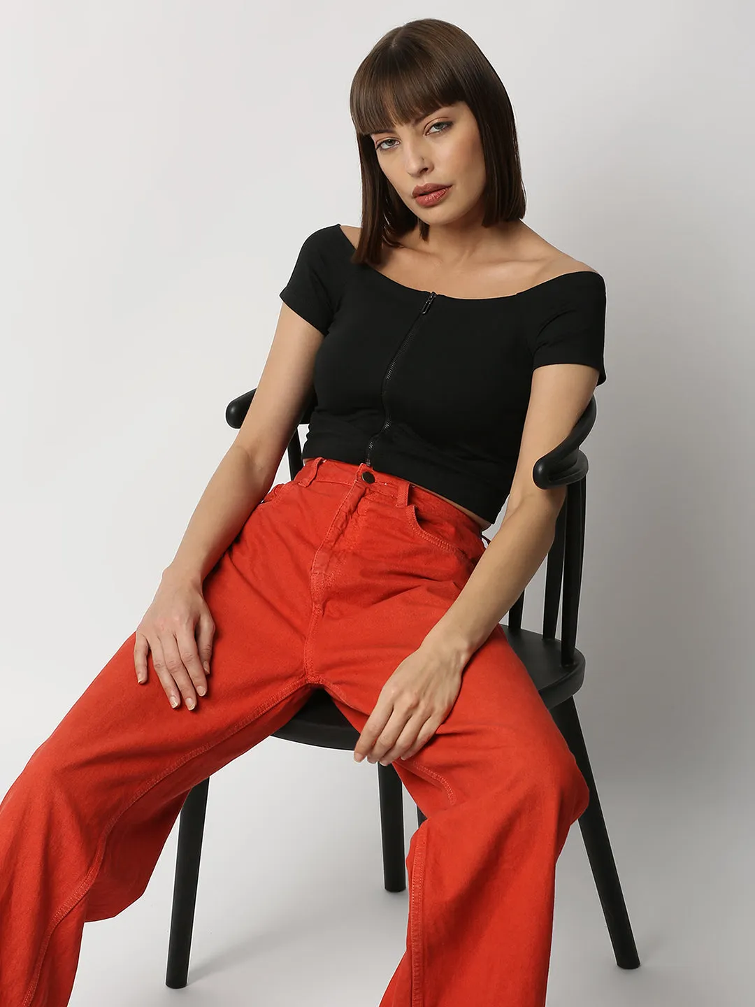 Disrupt Women Black Off-shoulder Slim Fit Crop Top