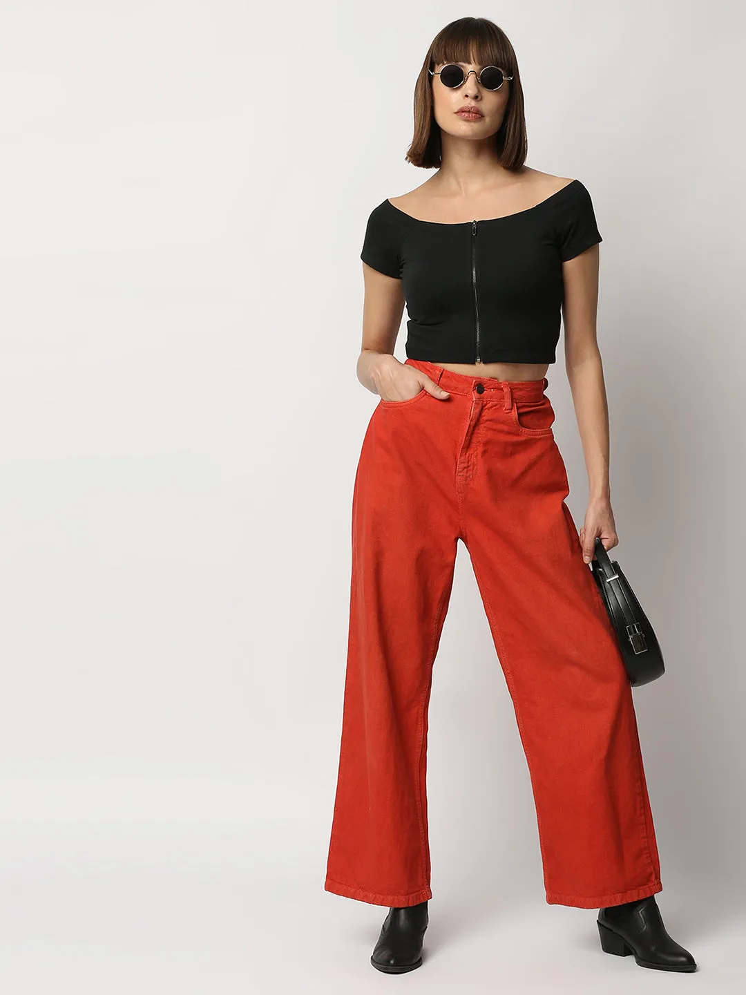 Disrupt Women Black Off-shoulder Slim Fit Crop Top