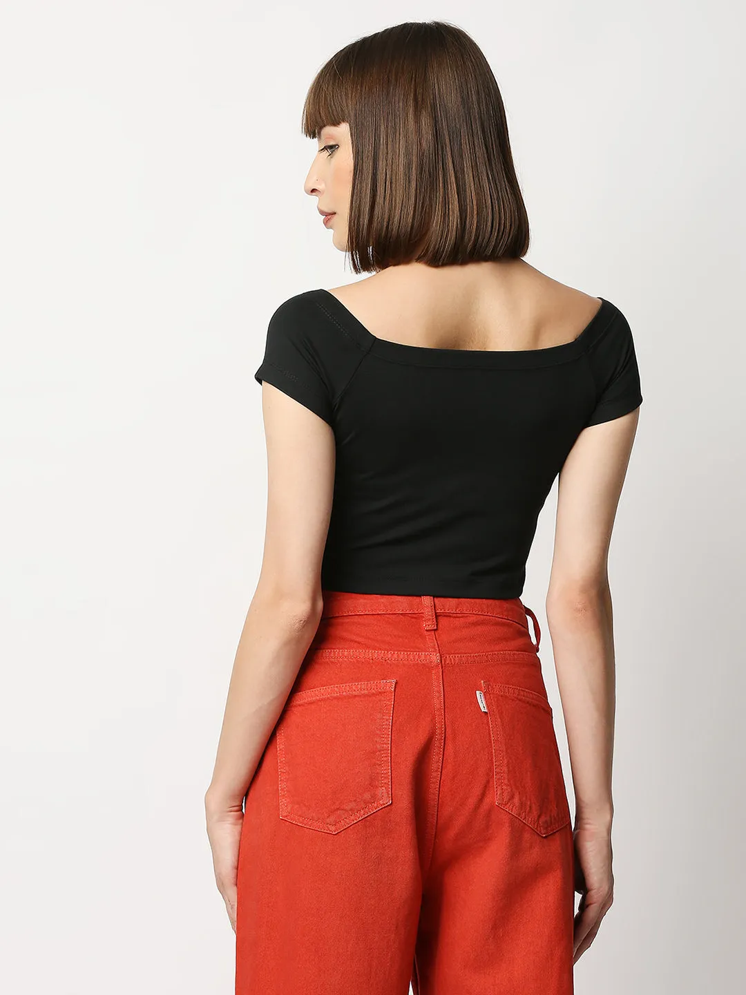 Disrupt Women Black Off-shoulder Slim Fit Crop Top