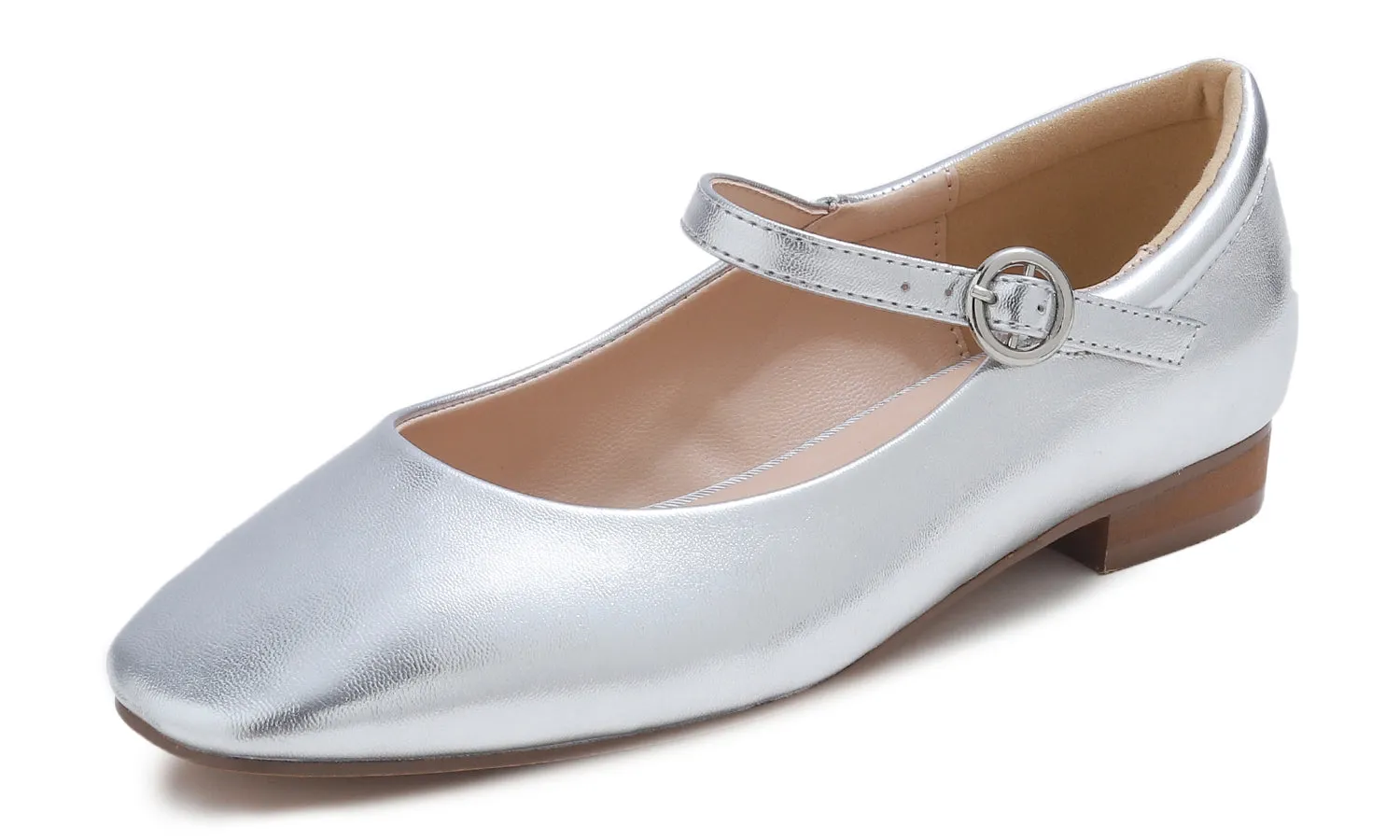 Feversole Women's Mary Jane Fashion Square Toe Padded Ankle Low Heel Slip On Flats Metallic Vegan Leather