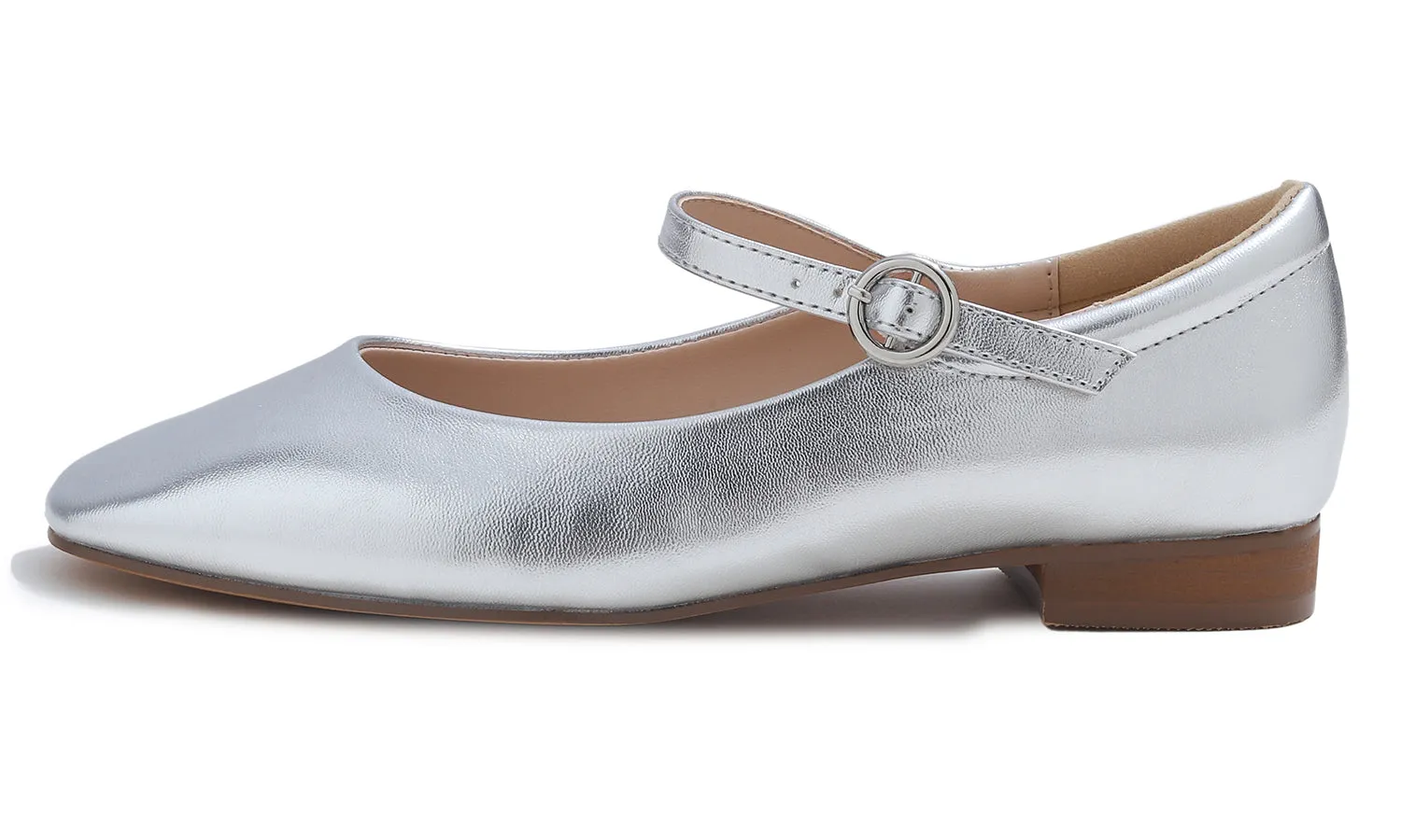 Feversole Women's Mary Jane Fashion Square Toe Padded Ankle Low Heel Slip On Flats Metallic Vegan Leather