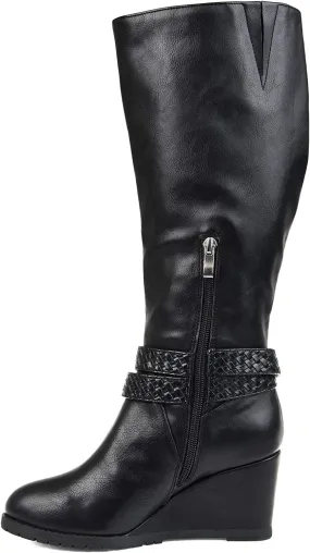Journee Collection Women's Garin Braid Strap Wedge Extra Wide Calf Boots  Color Black Size 9XWC