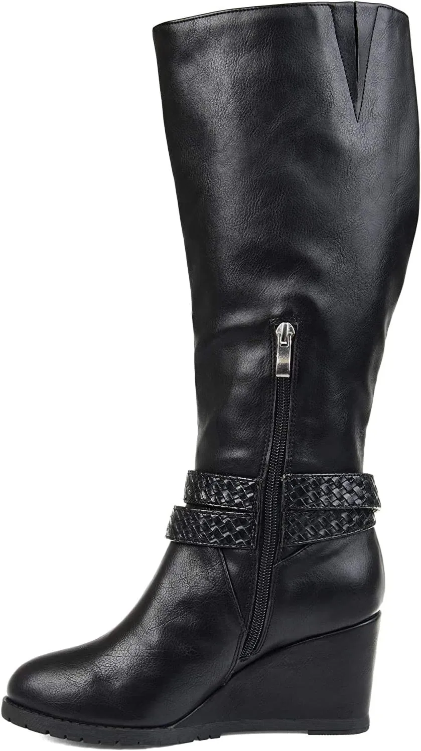 Journee Collection Women's Garin Braid Strap Wedge Extra Wide Calf Boots  Color Black Size 9XWC