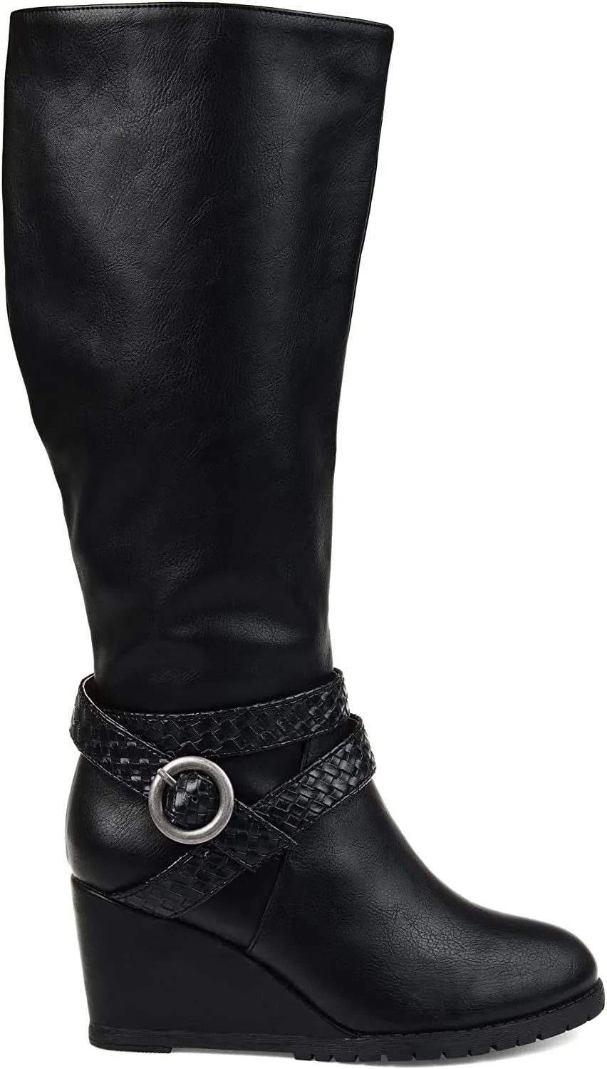 Journee Collection Women's Garin Braid Strap Wedge Extra Wide Calf Boots  Color Black Size 9XWC