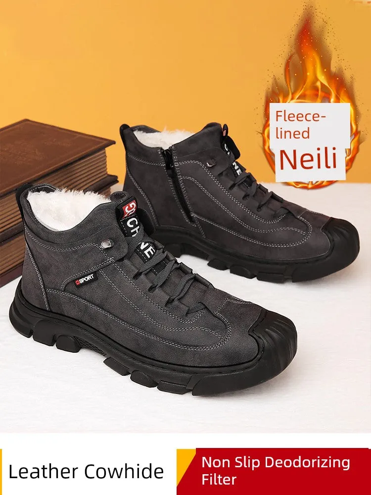 Langtamai Men's Winter Snow Shoes – Cowhide & Velvet Wool Soft Bottom Warm-Keeping Shoes | Casual High-Top Leather Boots with Thick Sole & Shoelace Closure