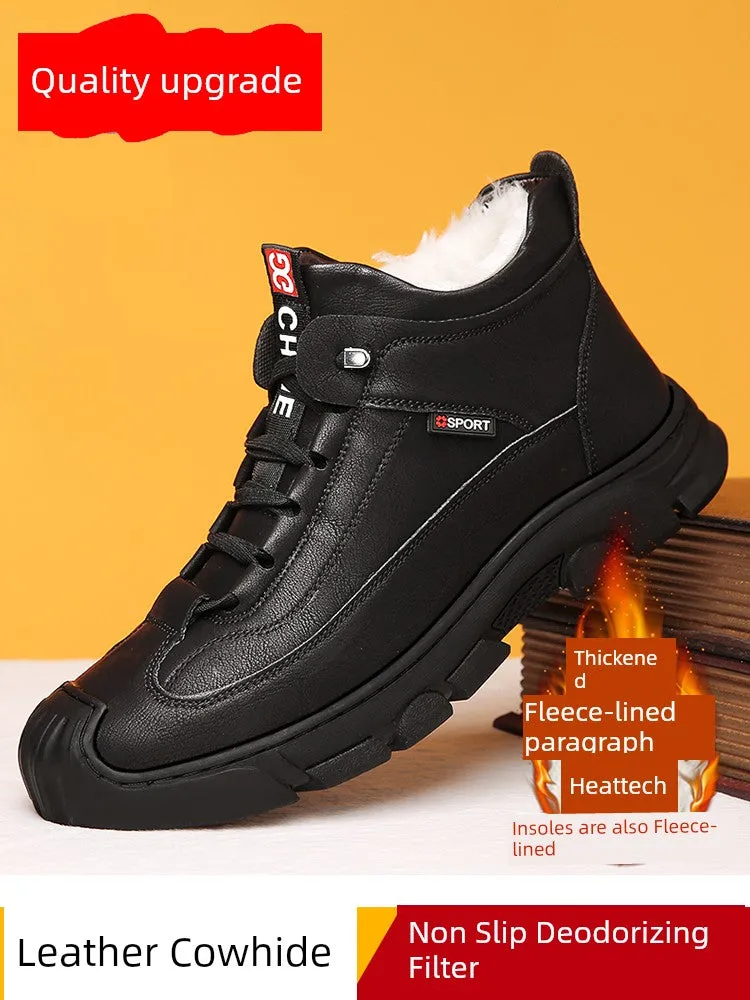 Langtamai Men's Winter Snow Shoes – Cowhide & Velvet Wool Soft Bottom Warm-Keeping Shoes | Casual High-Top Leather Boots with Thick Sole & Shoelace Closure