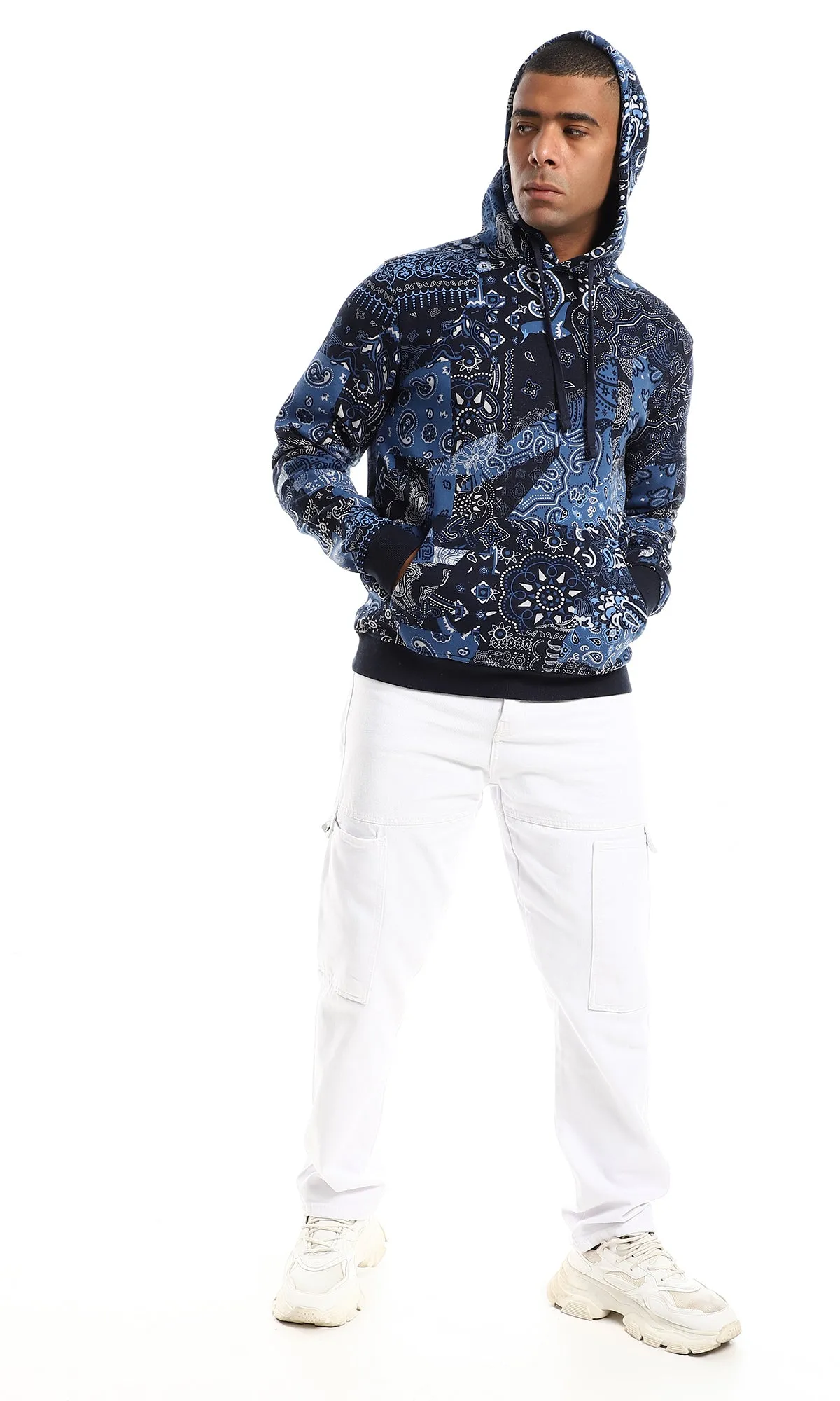 O158770 Random Self Patterned Slip On Hoodie - Navy Blue, Blue & White