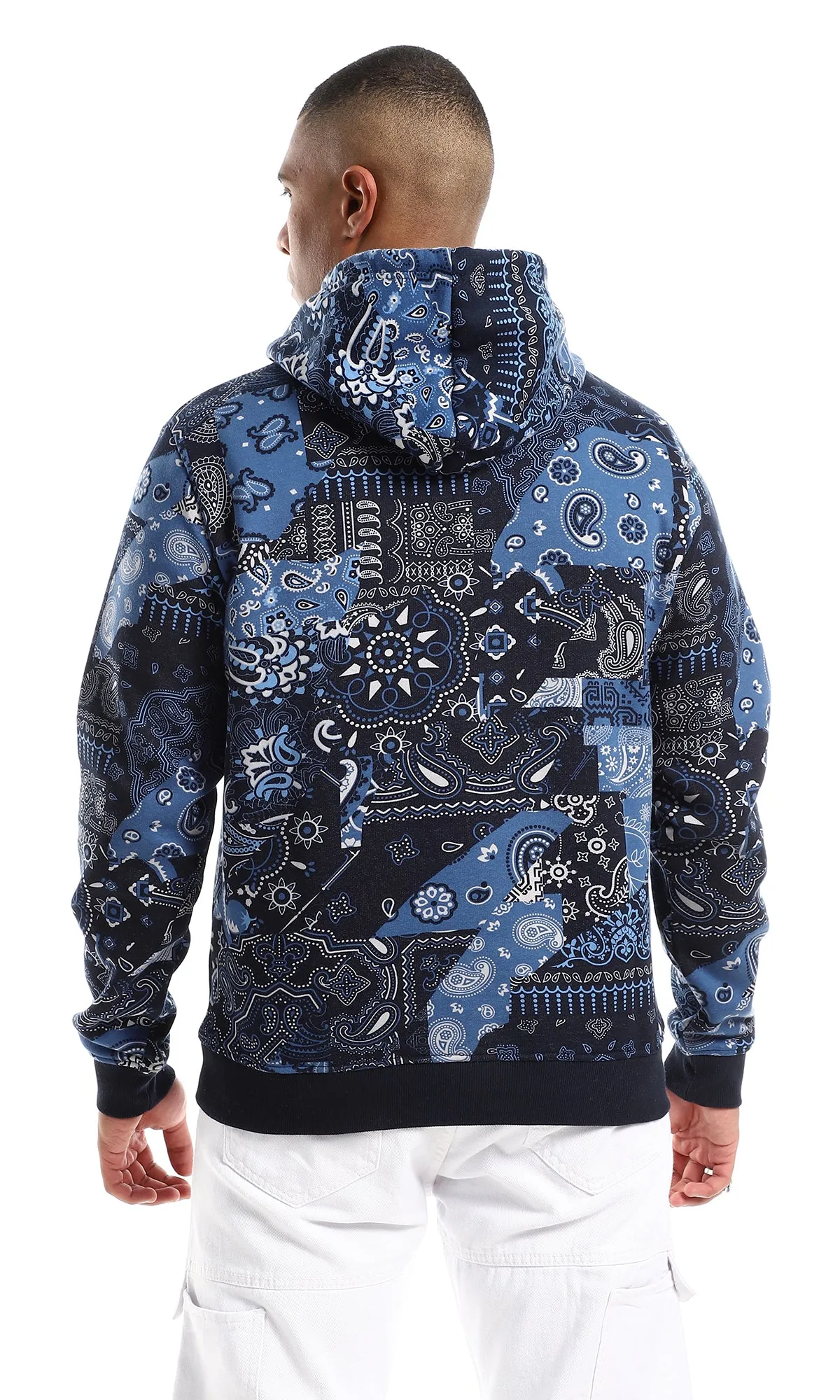 O158770 Random Self Patterned Slip On Hoodie - Navy Blue, Blue & White