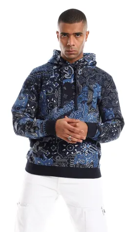 O158770 Random Self Patterned Slip On Hoodie - Navy Blue, Blue & White