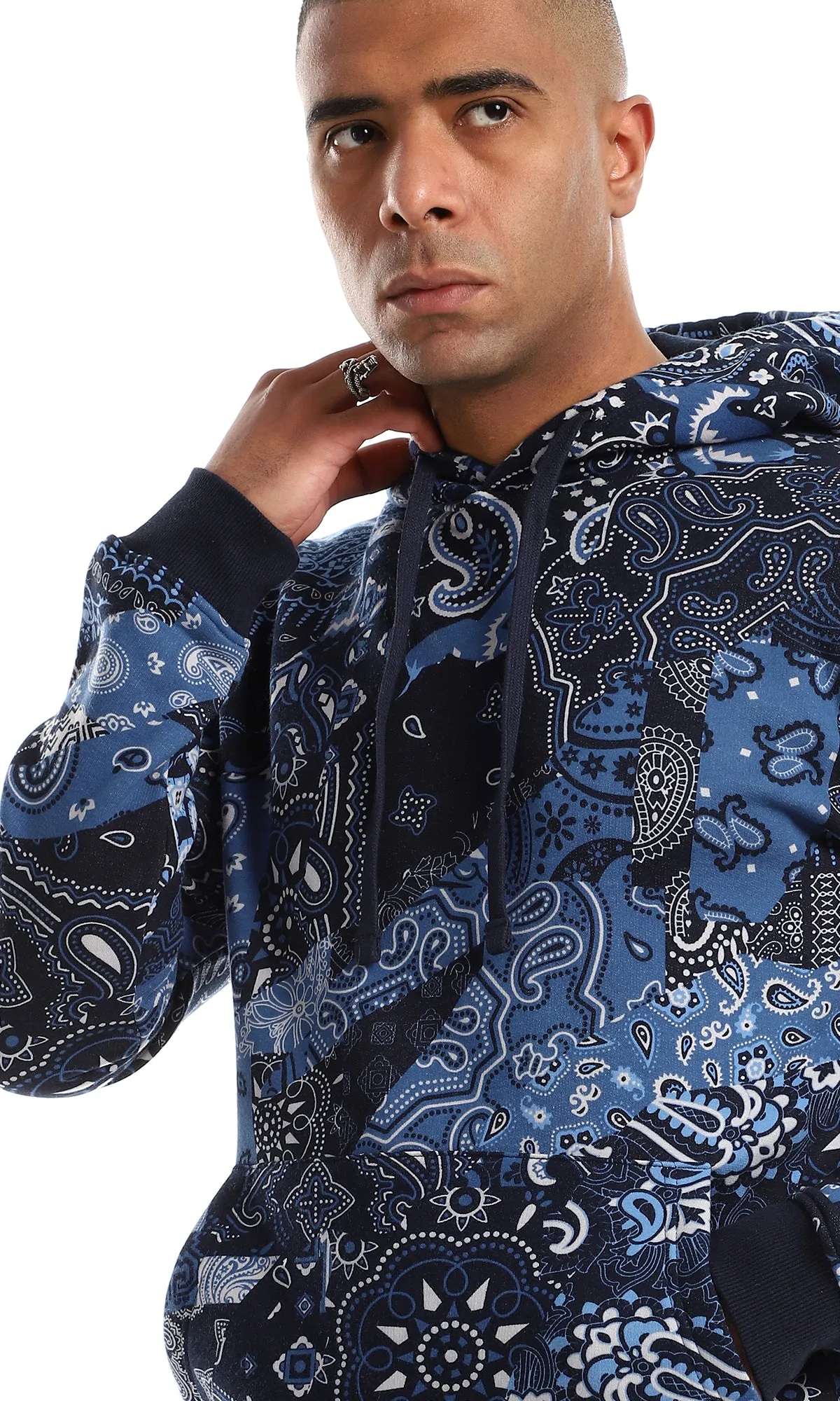 O158770 Random Self Patterned Slip On Hoodie - Navy Blue, Blue & White