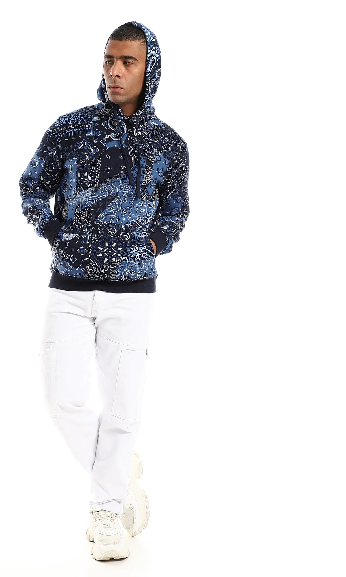 O158770 Random Self Patterned Slip On Hoodie - Navy Blue, Blue & White