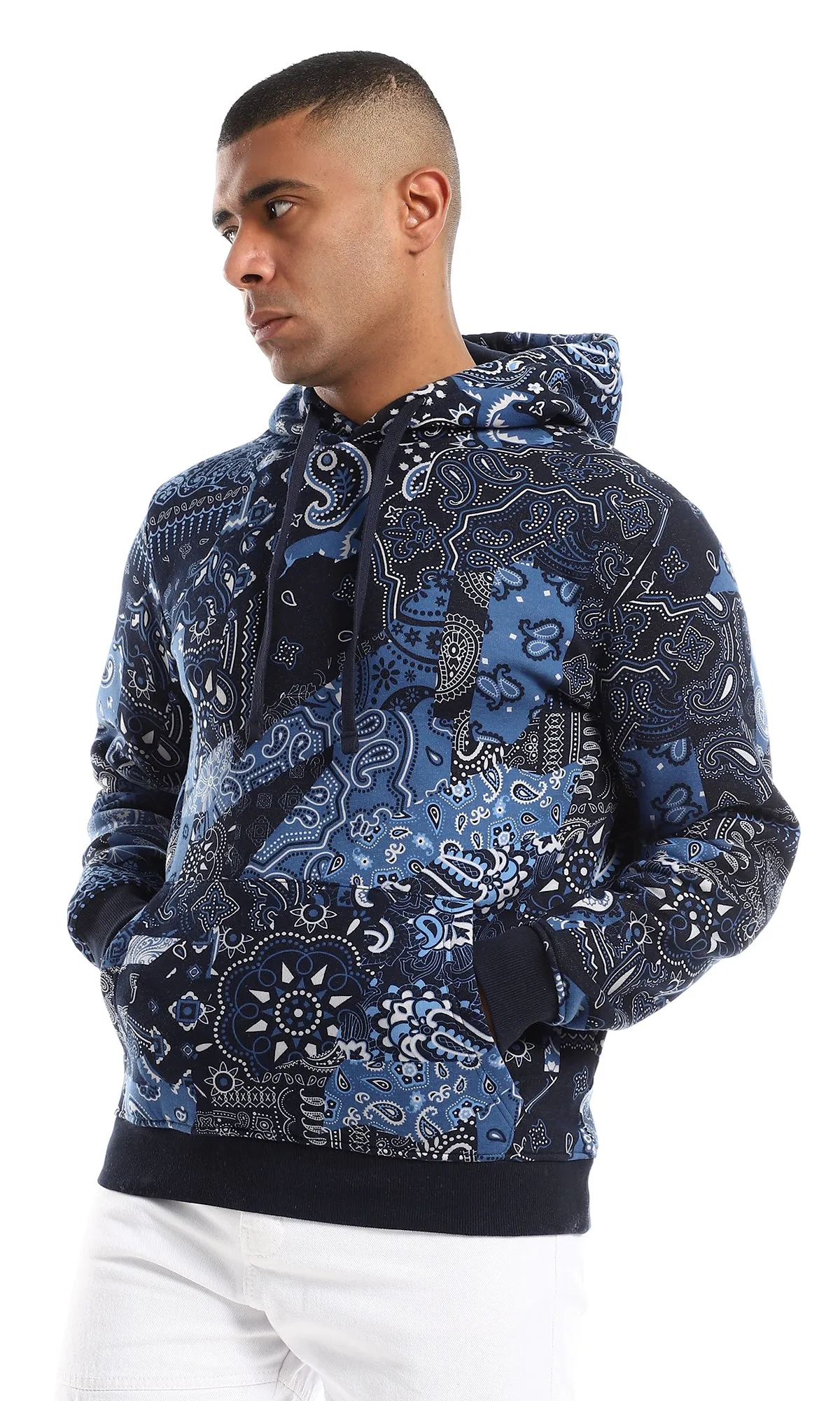 O158770 Random Self Patterned Slip On Hoodie - Navy Blue, Blue & White