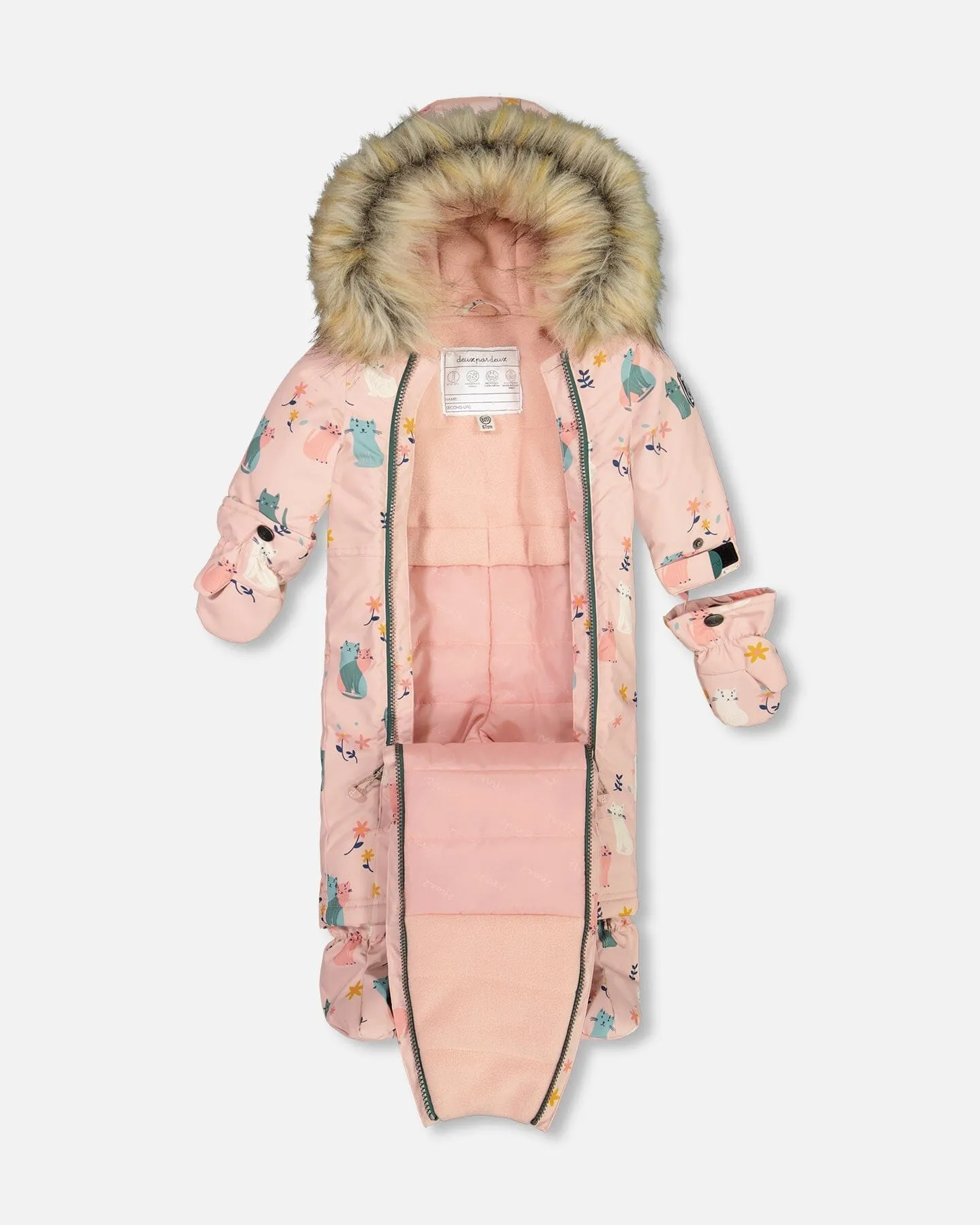 One Piece Baby Snowsuit Light Pink Printed Cats Designed For Car Seat