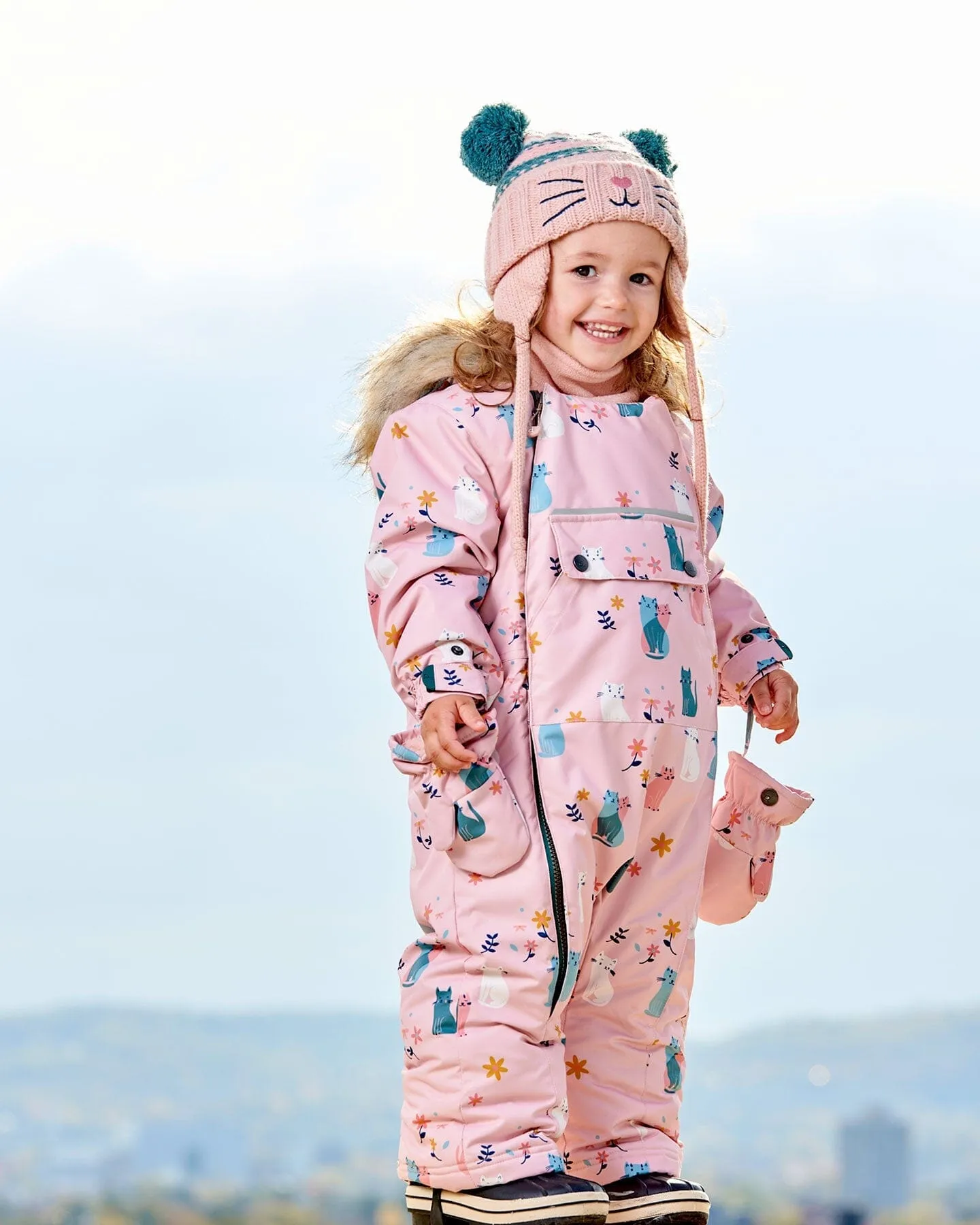 One Piece Baby Snowsuit Light Pink Printed Cats Designed For Car Seat