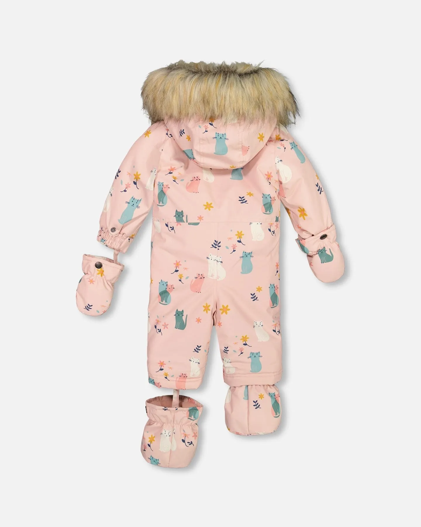 One Piece Baby Snowsuit Light Pink Printed Cats Designed For Car Seat