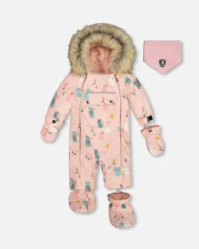 One Piece Baby Snowsuit Light Pink Printed Cats Designed For Car Seat
