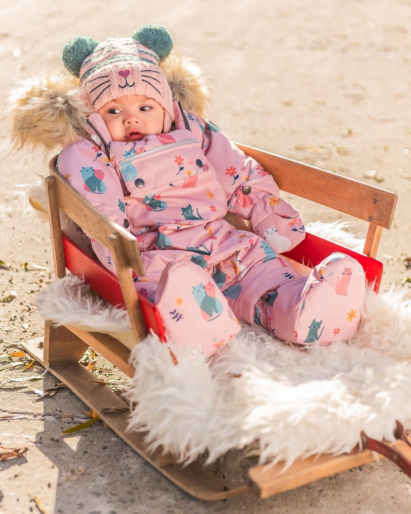 One Piece Baby Snowsuit Light Pink Printed Cats Designed For Car Seat