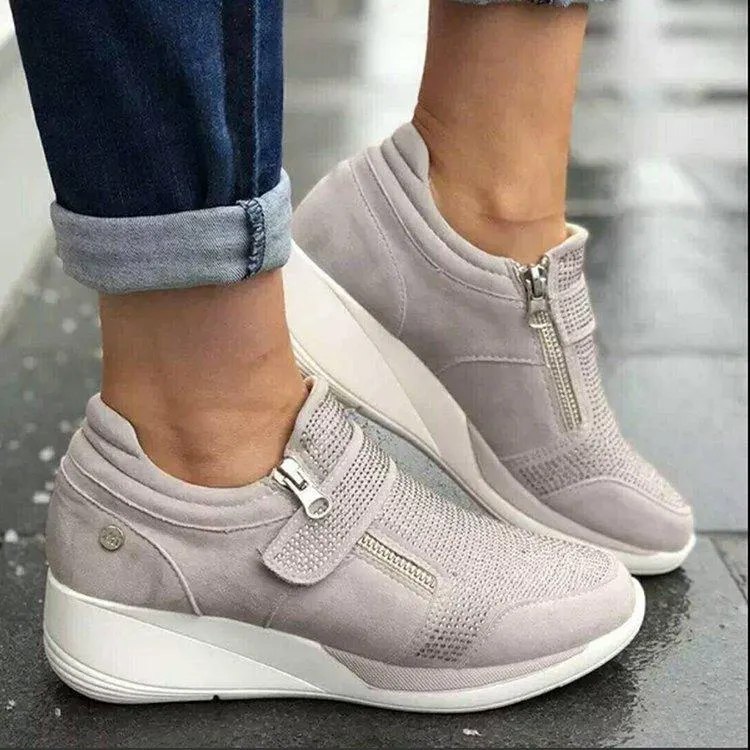 Wedge Sneakers with Rhinestones and Zipper/Velcro
