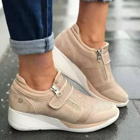Wedge Sneakers with Rhinestones and Zipper/Velcro