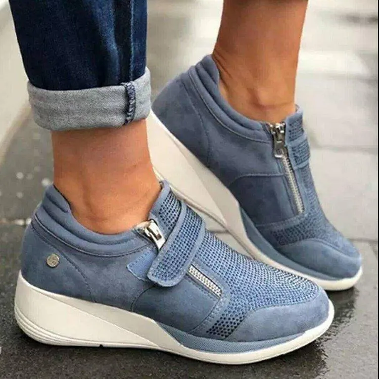 Wedge Sneakers with Rhinestones and Zipper/Velcro